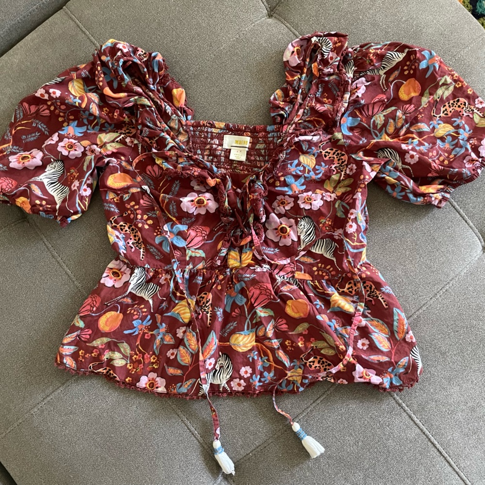 Maeve by Anthropologie Wild Pattern Peplum Top with Animals, Fruit and Florals
